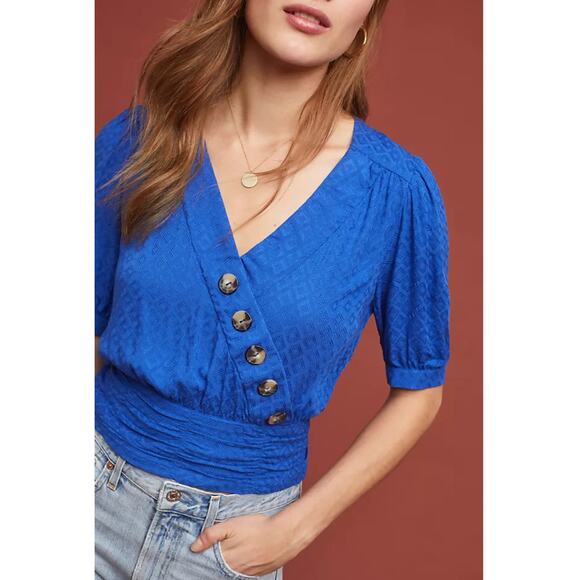Maeve Madelyn Blue Wrap Top Anthropologie Size 14 Feminine Chic Blouse - Picture 1 of 5